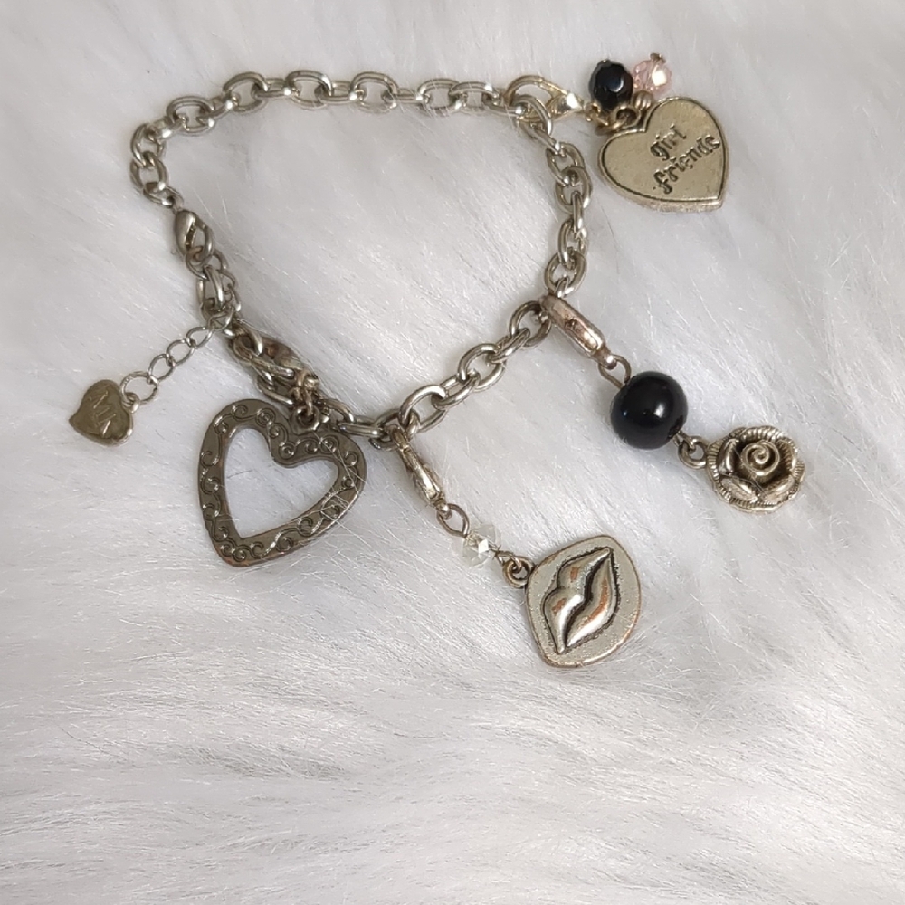 Mary Kay Silver Charm Bracelet with Heart and Lip Charms